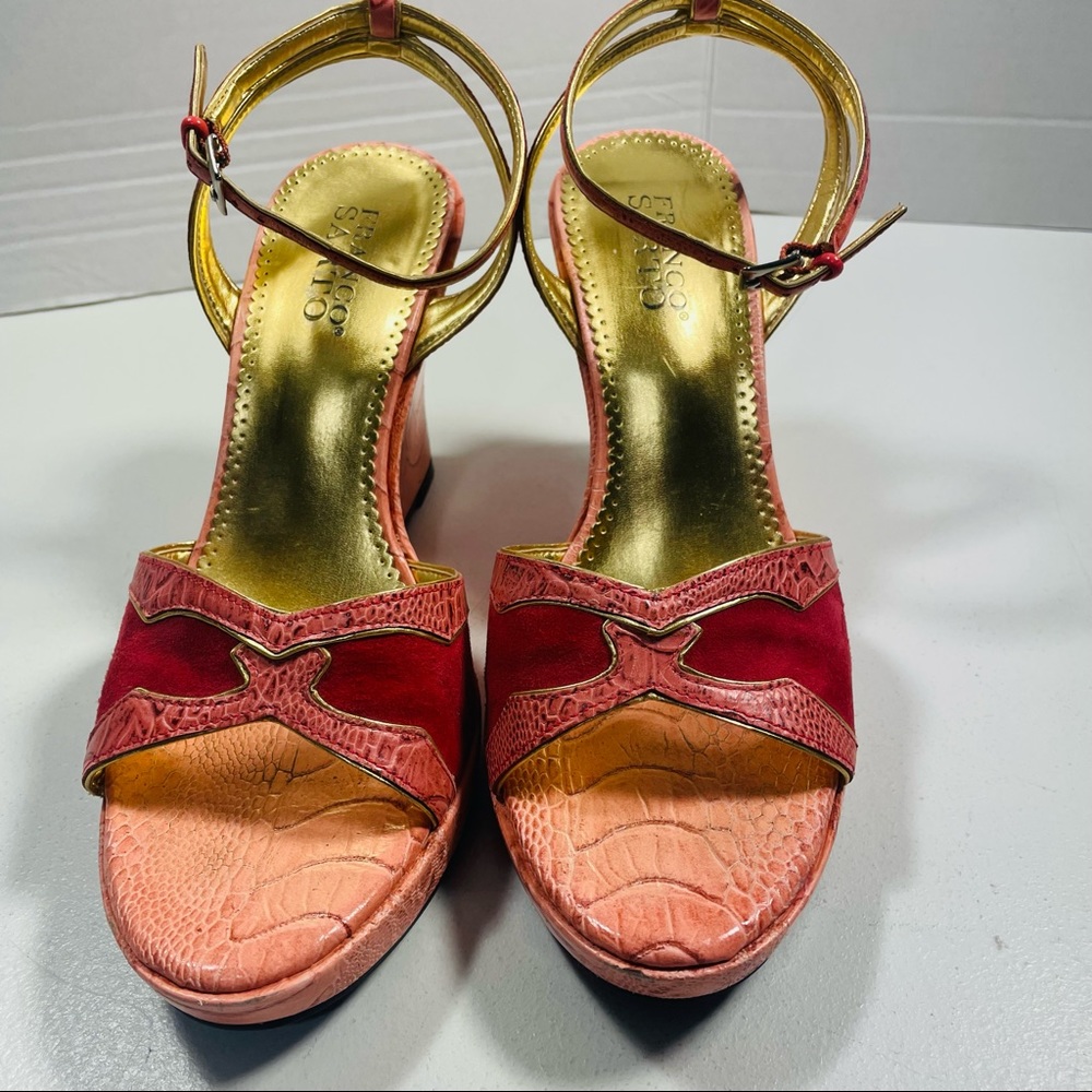 Franco Sarto Red and Pink Faux Snakeskin Ankle Wrap Wedges 8 - Picture 11 of 12